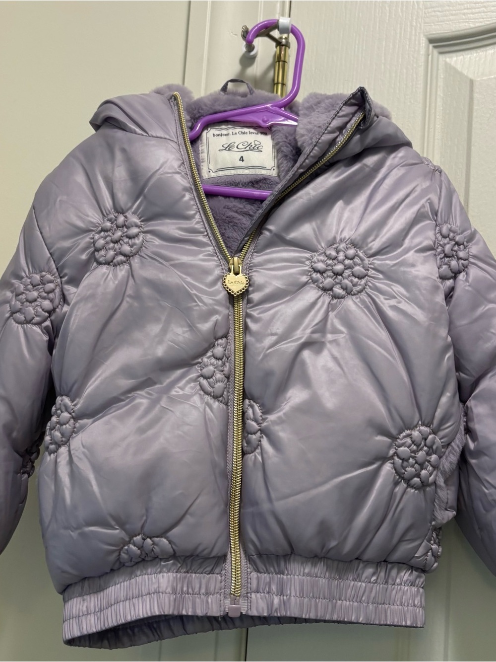 chic Lavender Quilted Hooded Puffer Jacket with Floral Rosettes